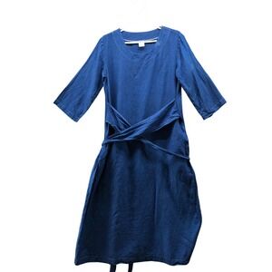 Len Ok Linen Midi Dress Womens M Blue Lagenlook 3/4 Sleeve Tie Belt Waist